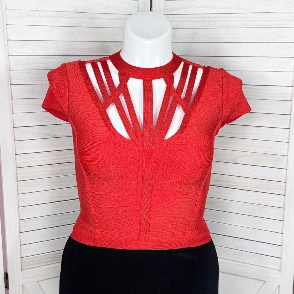Bebe Cutouts Cage Bodycon Bandage Top Cap Sleeve Cherry Red Large